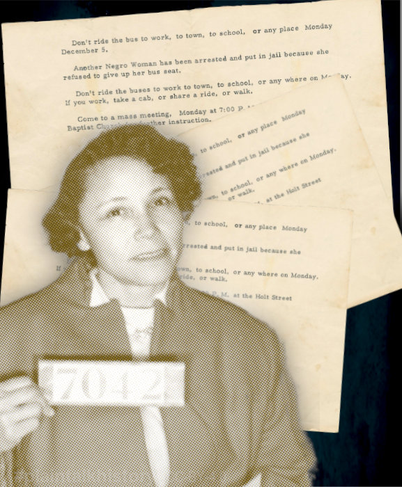 montage of a photo of Jo Ann Robinson and protest flyers from 1955
