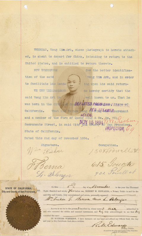 image of the departure statement of Wong Kim Ark in 1894