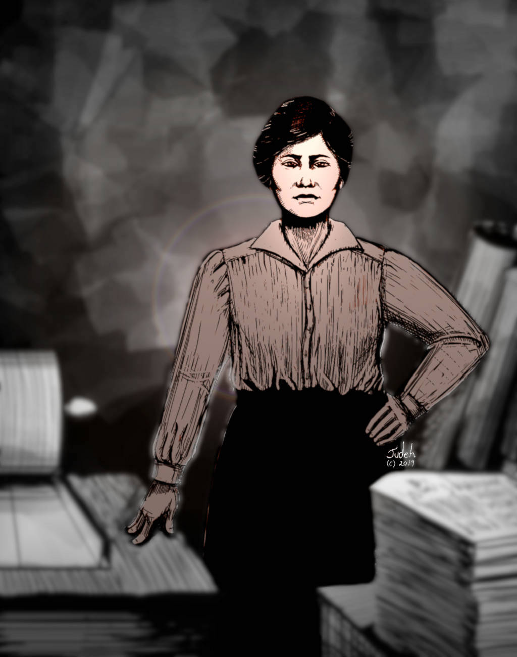 ink drawing of Ms. Jovita Idár with a determined gaze